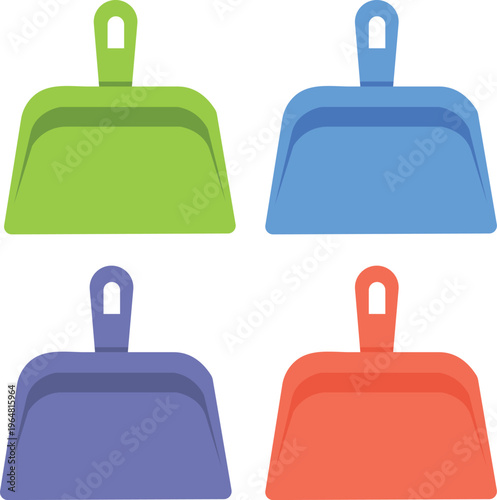 Set of colorful plastic dustpans in green blue purple and red vector illustration for household and Cleaning use
