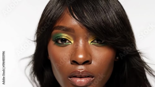 Portrait of black woman with bold green and gold eyeshadow makeup