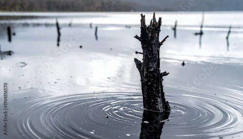 Desolate Tree Stump in Dark Water with Ripples, Somber Nature Scene, Environmental Reflection