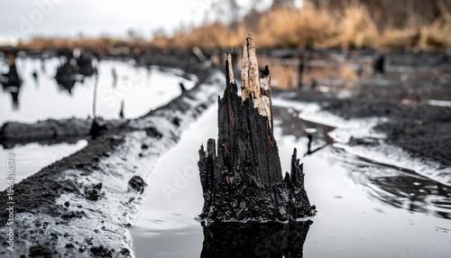 Dead tree stumps and fallen logs in dark, murky swamp water. Desolate wetland nature scene with submerged wood and peat.