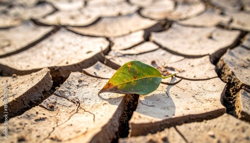 Lone green leaf on dry, cracked earth, symbolizing drought and environmental resilience