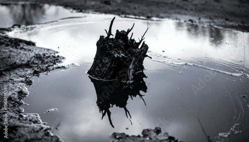 Stark monochrome gnarled tree stump reflected in a water puddle