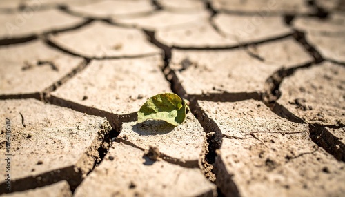 Green leaf on cracked dry earth, symbolizing drought, desertification, environmental crisis, and resilience.