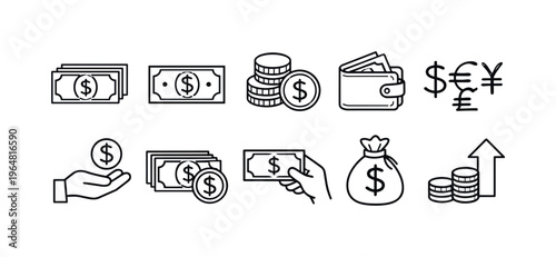Collection of financial icons representing money, currency, and wealth accumulation