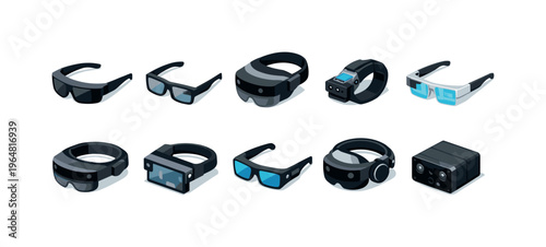 Collection of futuristic augmented reality and virtual reality headset icons