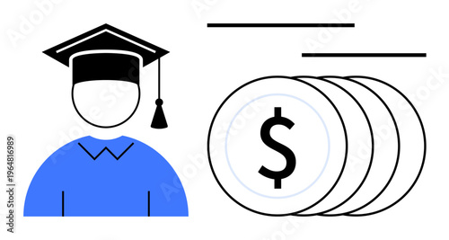 Education funding, student loans, financial planning, academic investment, scholarships, career growth. A graduate cap and stack of coins with a dollar sign. Education funding and student loans