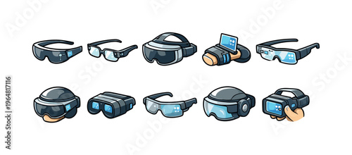 Collection of futuristic augmented and virtual reality headsets and glasses