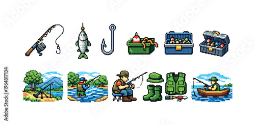 Pixel art collection of fishing gear and outdoor scenes for recreational activities