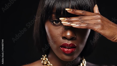 Closeup of woman with dark skin covering face with hands showing long gold painted nails