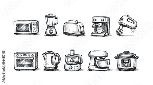 Collection of hand-drawn kitchen appliances including a microwave, blender, and mixer