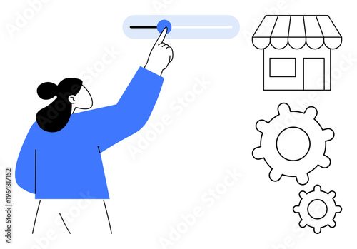 Retail management, business automation, workflow optimization, ecommerce solutions, user interface, operational efficiency. A person adjusts a slider with storefront and gear icons. Retail management