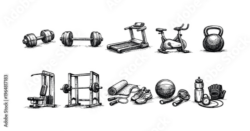 Collection of hand-drawn fitness equipment and workout gear on a white background