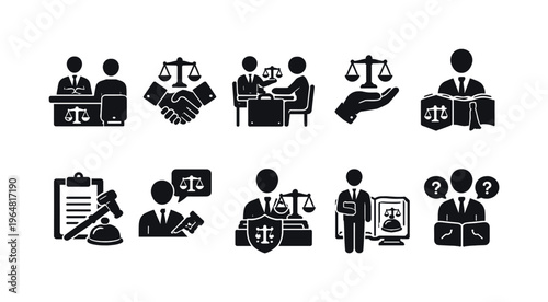 Collection of legal icons representing justice, law, and professional services