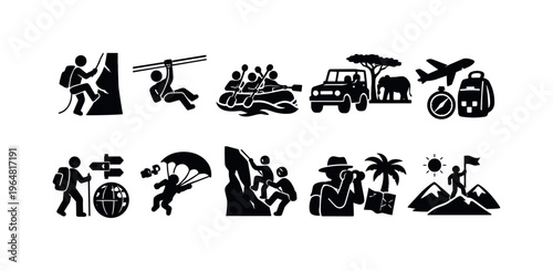 Collection of adventure and travel icons depicting various outdoor activities and exploration