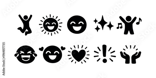 Collection of joyful and positive icons representing happiness and celebration
