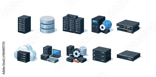 Collection of isometric server and data storage icons for IT infrastructure