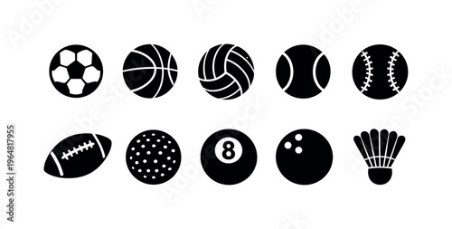 Collection of diverse sports balls and shuttlecock icons on a white background