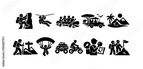 Collection of diverse adventure and extreme sports icons in a simple, bold graphic style