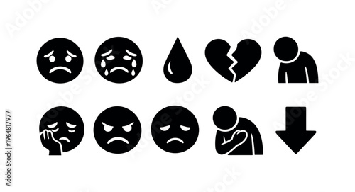 Collection of icons representing sadness, heartbreak, and emotional distress