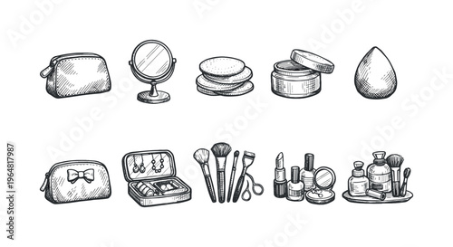Hand-drawn collection of cosmetic and beauty essentials for makeup application and storage