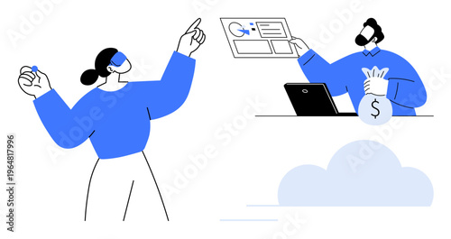 Financial technology, online payment, cloud services, business communication, remote work, digital collaboration. A man with a moneybag and a laptop, a woman pointing upwards. Financial technology