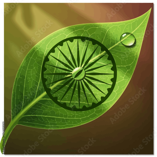Ashoka Chakra on a green leaf with a water droplet.