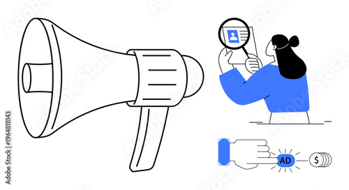 Digital advertising concept. Focuses on targeting audiences, analyzing user data, and pay-per-click ads. Digital advertising streamlines marketing and audience engagement via efficient tools