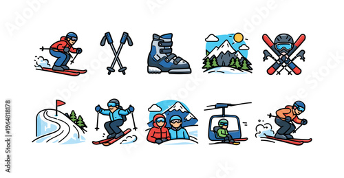 Collection of cartoon ski icons representing winter sports and mountain activities