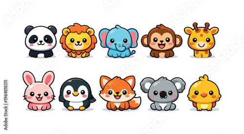 Collection of cute cartoon animals including panda, lion, elephant, monkey, giraffe, rabbit, penguin, fox, koala, and chick