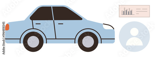 Transportation, vehicle analytics, user profiles, car sharing, data tracking, mobility solutions. Blue sedan, user icon data chart. Transportation and vehicle analytics concepts