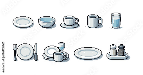 Pixel art collection of tableware and dining essentials on a white background