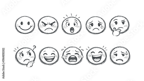 Collection of hand-drawn emoticons expressing various emotions and moods
