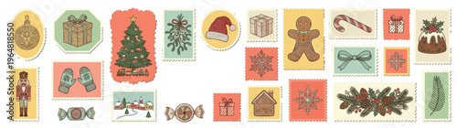 Rustic Hand-drawn Christmas Holiday Season Elements Collection isolated on white, featuring festive decorations, gifts, gingerbread, Santa hat, and winter symbols for seasonal design projects