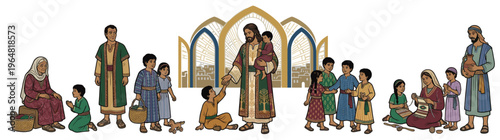 Jesus Christ blessing children and interacting with adults in a biblical scene, depicting faith and spiritual guidance, isolated on white for religious education and Christian media