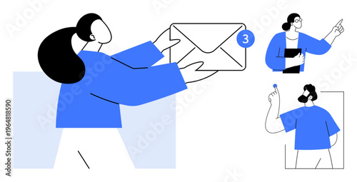 Email marketing, digital messages, teamwork, online collaboration, professional communication, notification alerts. Minimalist design of people with envelopes and notifications. Email marketing