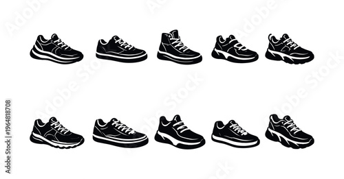 Collection of diverse black and white sneaker silhouettes for design projects