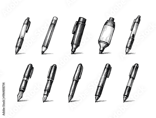 Collection of hand-drawn writing instruments including pens and pencils