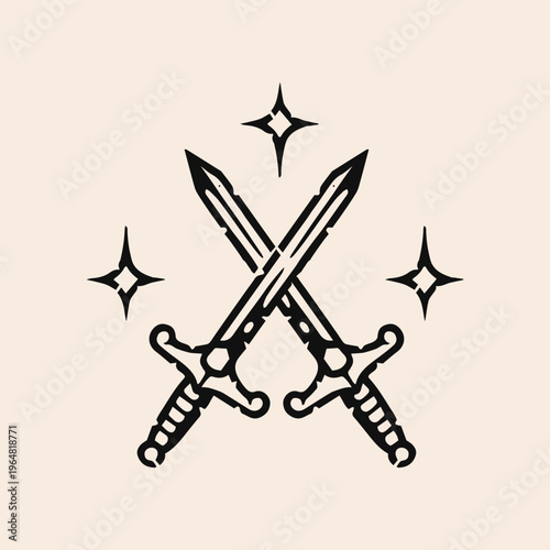 vector illustration of 2 crossed swords linocut print art style. perfect for tattoo, t-shirts, poster, etc