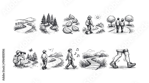 Diverse scenes of people enjoying outdoor activities and nature walks