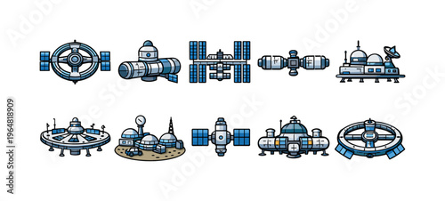 Collection of futuristic space station and outpost icons for science fiction concepts