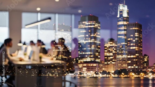 A group of business professionals working together in a modern office with a stunning city skyline view at dusk in a video.