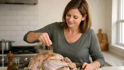 Woman seasoning an uncooked poultry item in a kitchen, preparing a meal with a warm, homey mood