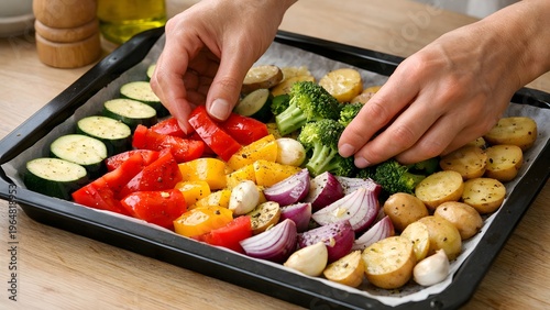 Hands arrange colorful fresh cut vegetables on a baking tray for healthy oven roast preparation