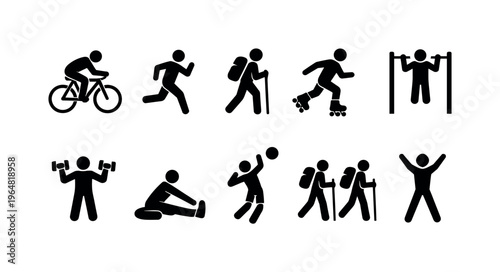 Collection of diverse stick figure icons representing various outdoor and indoor recreational activities