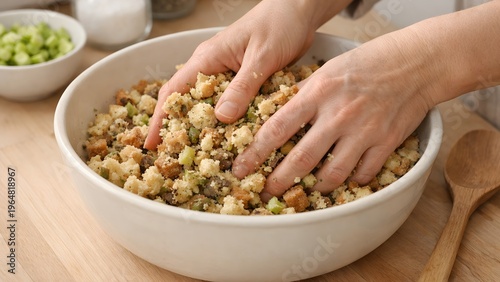 Hands Mix Fresh Bread Stuffing in Large White Bowl on Wooden Countertop, Delicious Culinary Prepare