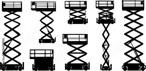 set of scissor lift machine silhouette, black and white silhouette, vector and illustration
