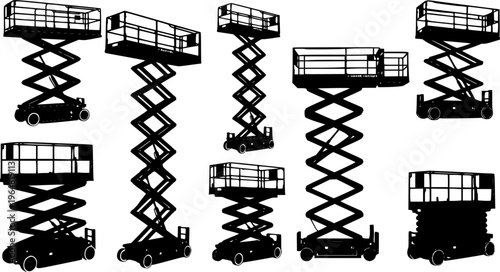 set of scissor lift machine silhouette, black and white silhouette, vector and illustration

