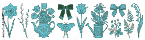 Charming Vintage Spring Botanical Elements Set with Teal Daffodils, Tulips, Pussy Willows, Teapot, Watering Can, Moth, and Bows Isolated on White for Elegant Nature-Inspired Designs