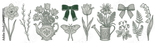 Exquisite Vintage Hand-Drawn Spring Botanical and Garden Elements Set with Daffodil, Tulip, Lily of the Valley, Pussy Willow, Ribbons, and Moth isolated on white, ideal for elegant seasonal designs