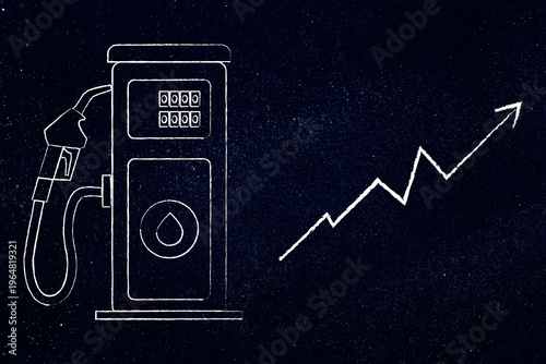 fuel prices rising illustration with petrol pump and upward arrow,  oil crisis concept